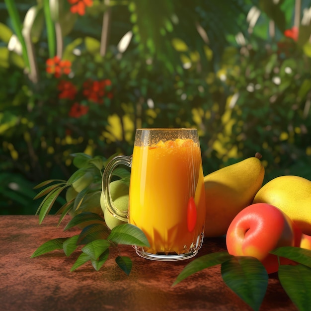 Mango juice with splashes with mango fruit in studio background restaurant with garden