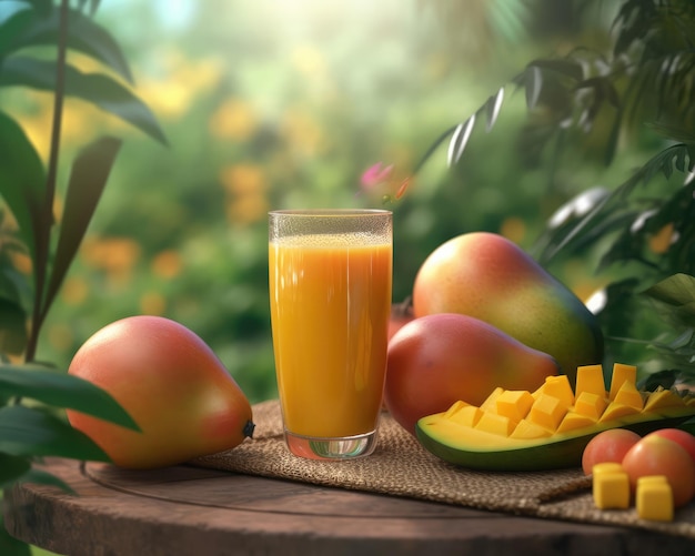 Mango juice with splashes with mango fruit in studio background restaurant with garden