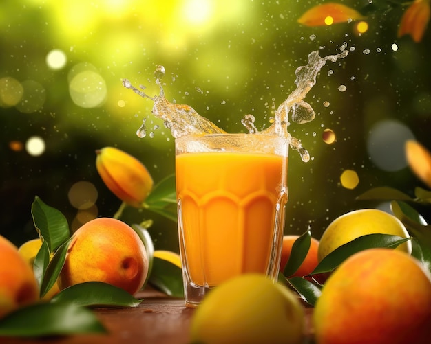 Mango juice with splashes with mango fruit in studio background restaurant with garden