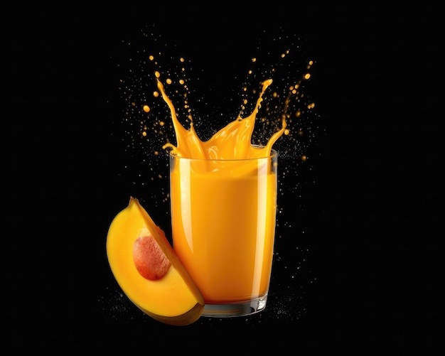 Mango juice with splashes with mango fruit in studio background restaurant with garden
