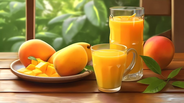 Mango juices and glasses on a table