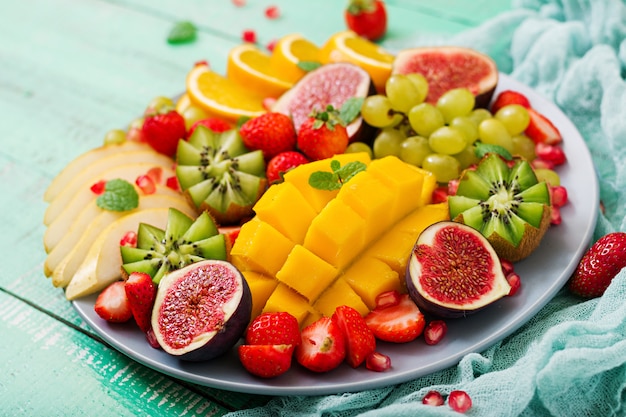 Mango, kiwi, fig, strawberry, grapes, pear and orange