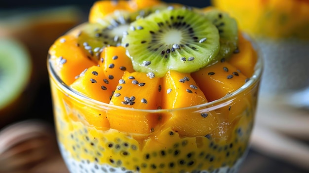 Mango and kiwi fruit salad with chia seeds in glass