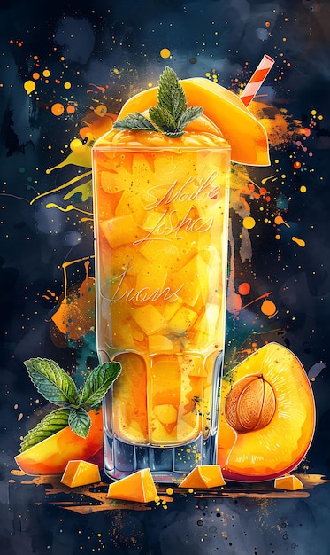 Mango Lassi Drink Poster With Mango Slices and Yogurt Tropic Illustration Food Drink Indian Flavors