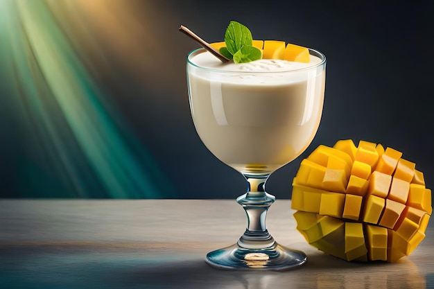 Mango lassi in a glass next to a mango