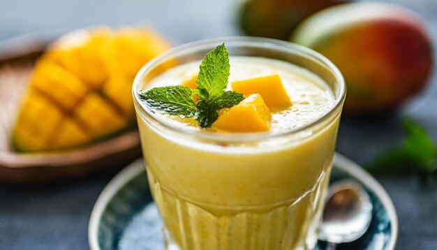 mango lassi on a rustic table with vibrant yellow hues garnished with mint leaves