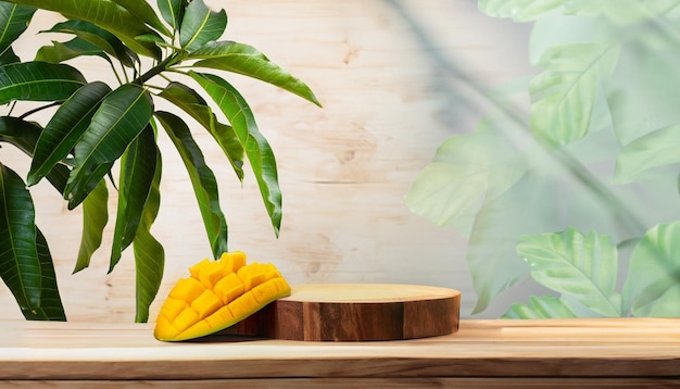 A mango leaf and a plant on a table