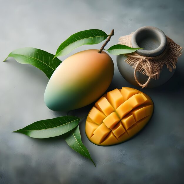 Mango and leaf on the solid background with copy space