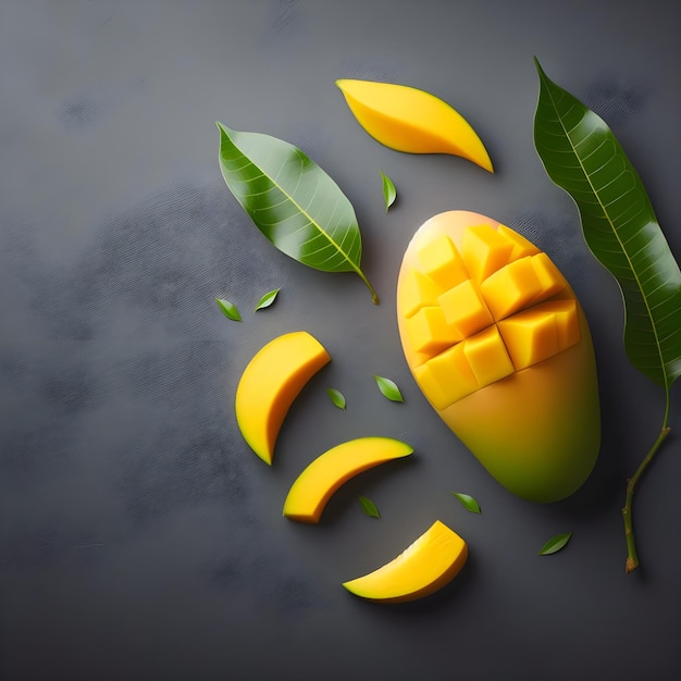 Mango and leaf on the solid background with copy space