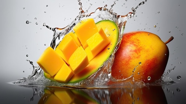 A mango and a mango splashing in water