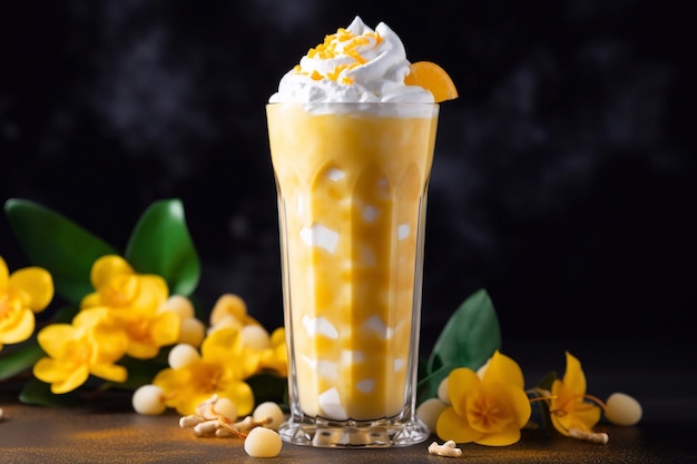 Mango milkshake met room versierd met fruit