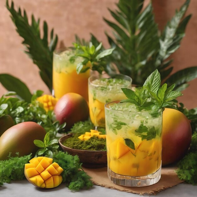 Mango mojito and terrarium moss trendy brown and green colors background