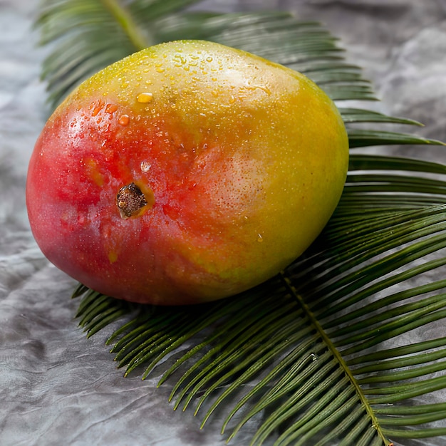 Mango on palm leaf on grey background, close up