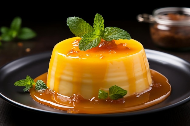 Mango Panna Cotta Drizzled with Mango Jelly and Sprinkled Mint Generative AI