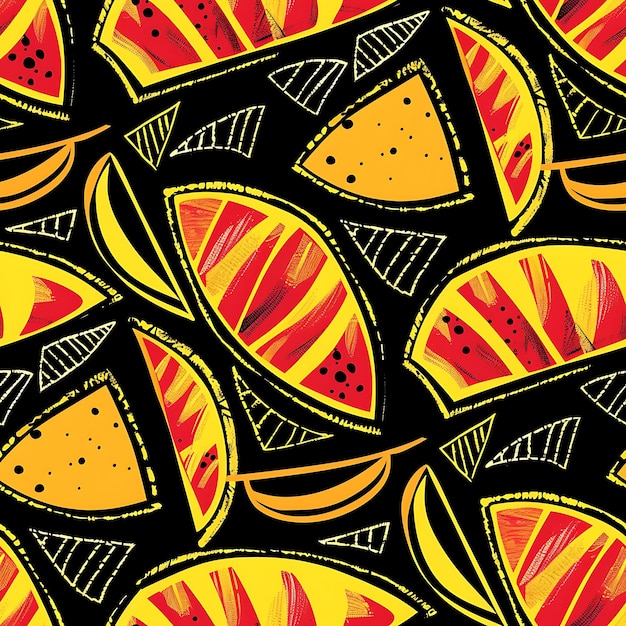 Mango patroon met slice silhouet en kleurrijk ontwerp met tribale tegels naadloze kunst tatoeage inkt