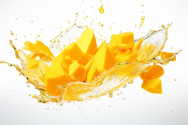 Photo mango pieces falling into glass with juice and creating splashes isolated on white background