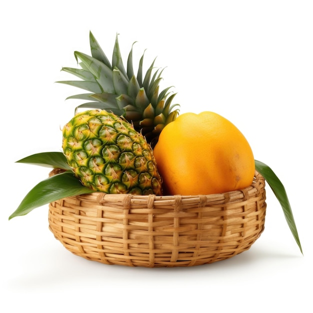 Mango and pineapple in a basket with bamboo embellishments isolated Generative AI