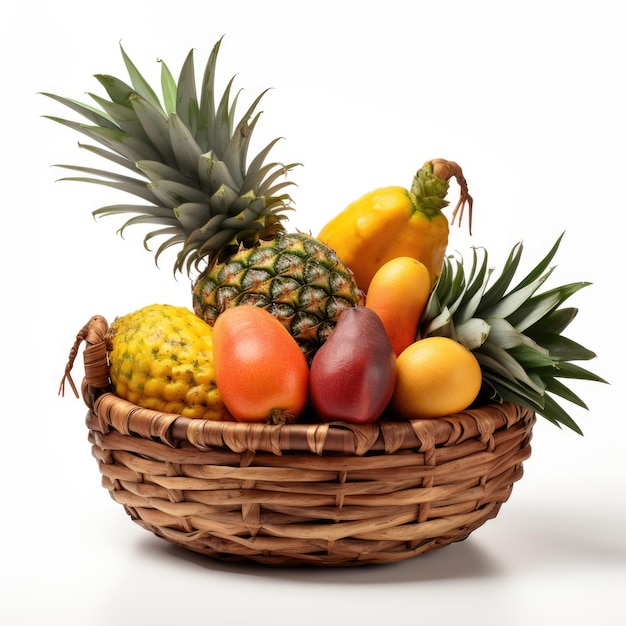 Mango and pineapple in a basket with intricate wooden carving isolated Generative AI