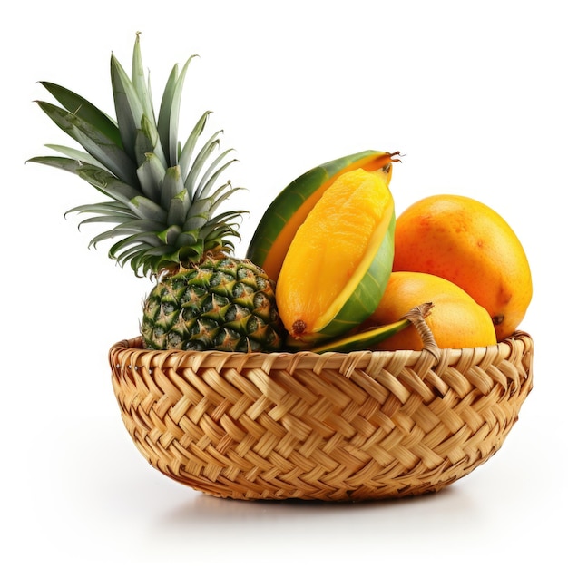 Mango and pineapple in a basket with wicker detailing isolated Generative AI