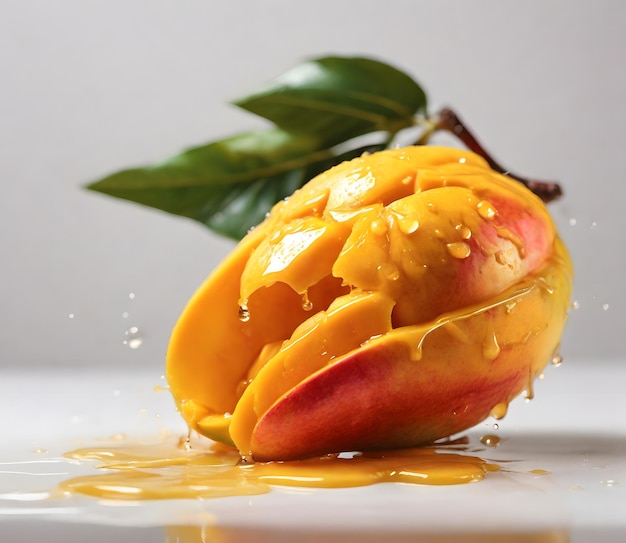 Mango placed on white background with juice dripping from it