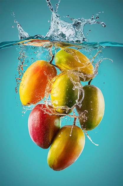 mango poster several mango water splashing solid color background