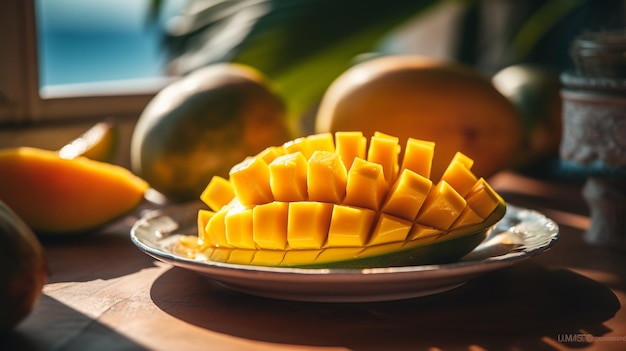 Mango's op een bord met een paar mango's op tafel