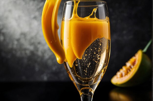 Foto mango sap gegoten in een chique champagne fluit