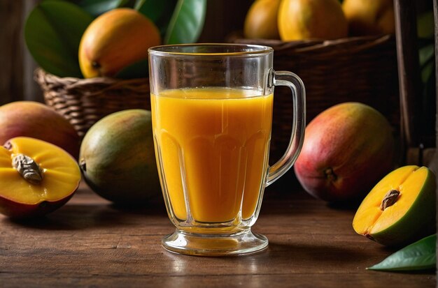 Foto mango sap in een heldere kruik omringd door rijpe mango