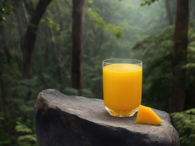 Mango sap in een mooi sap glas met plakjes zitten op de top van een stenen bos ai generatieve