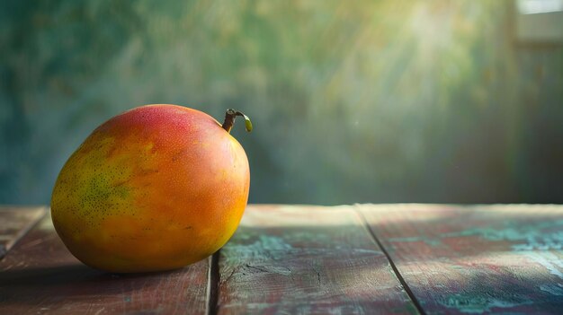 A mango sits on top of a wooden table