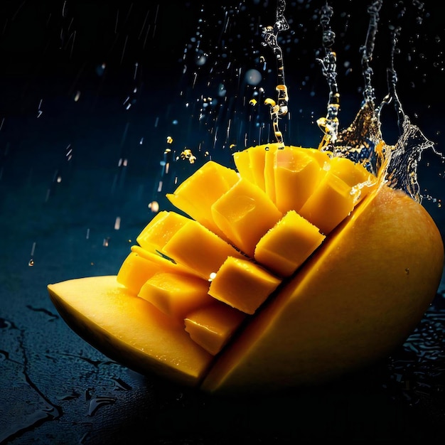 Кусочек манго падает в каплю воды.