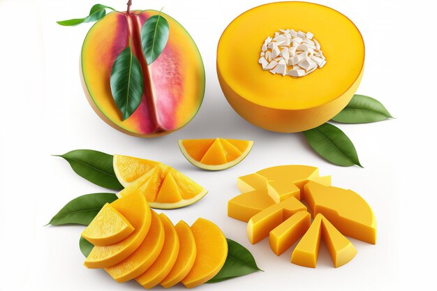 Mango slices and fruits in a set on a white background alone route clipping