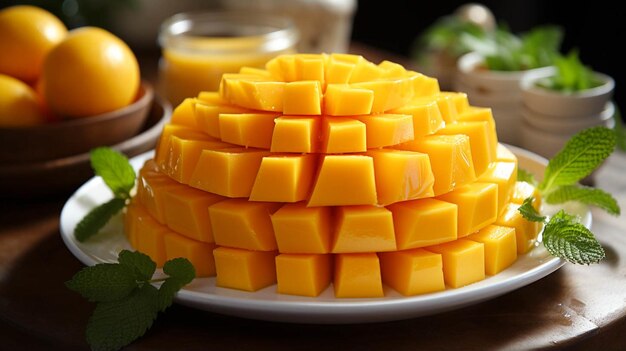 Mango slices on white table