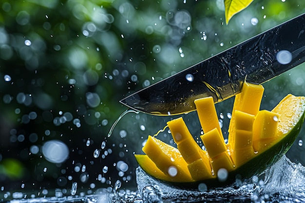 mango slices with knife and water drops and splashes on blue background