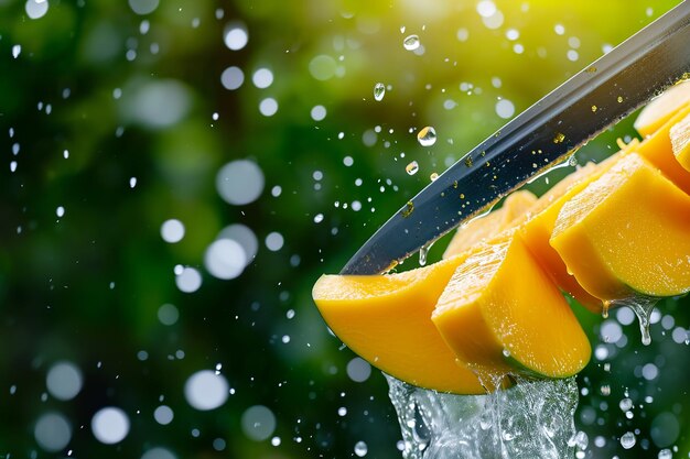 mango slices with knife and water drops and splashes on blue background