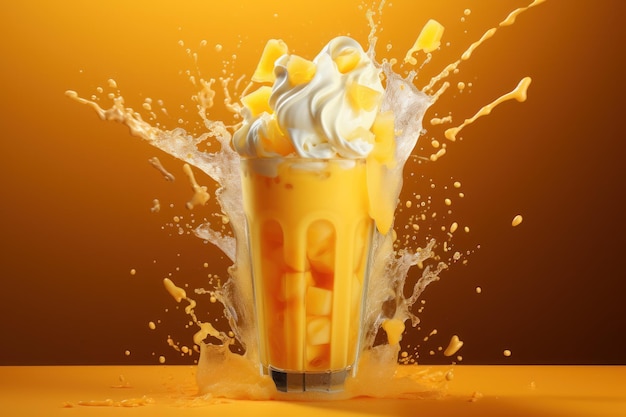 Mango smoothie frappe effect wervelende golf Mangomelk spat rond glas Generatieve AI