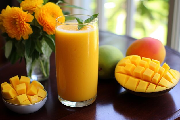 Mango smoothie in a high glass with sliced fresh mango fruit and green leaves on wooden table