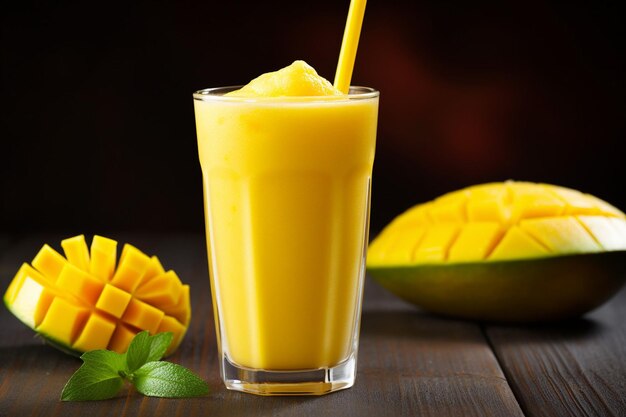 Mango smoothie in een glas met kleurrijke rietjes