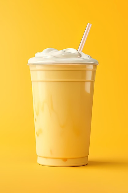 Mango smoothie milkshake in plastic afhaalbeker geïsoleerd op gele achtergrond