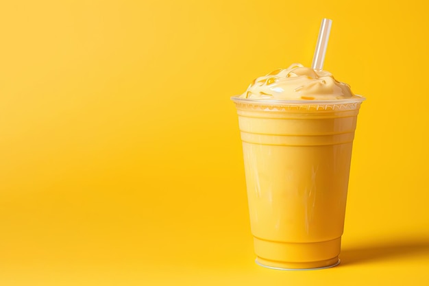 Mango smoothie milkshake in plastic takeaway cup isolated on yellow background with copy space