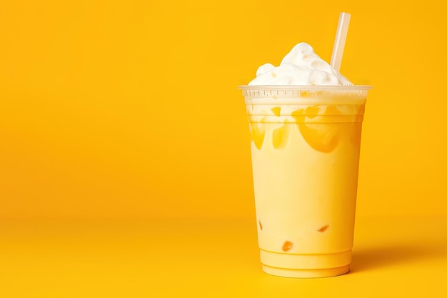 Mango smoothie milkshake in plastic takeaway cup isolated on yellow background with copy space