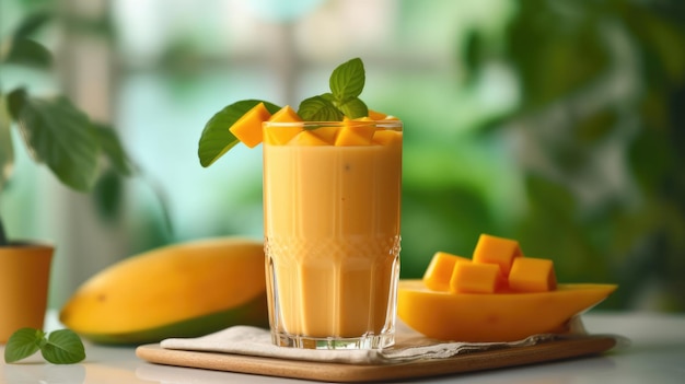 Mango smoothie on a table with a green background