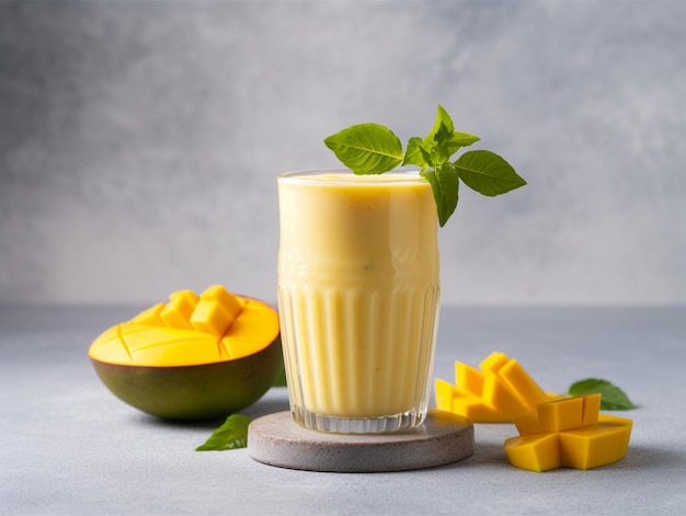 Photo mango smoothie with a green leaf next to it