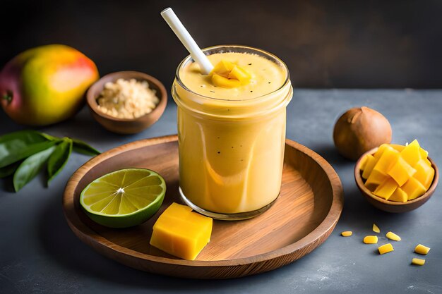 Mango smoothie with a straw on a wooden tray