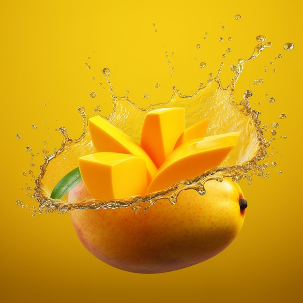 A mango splashing into a yellow background with a splash of water.