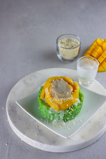 Mango sticky rice pandan or mango with pandan sticky rice Thai dessert