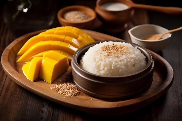 망고 스티키 라이스 (Mango Sticky Rice) 는 열대 환경에서 대나무 매트 위에 제공되는 전통적인 태국 디저트입니다.