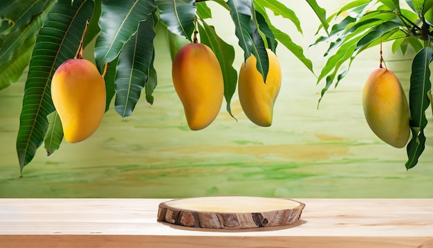 A mango tree hangs from a branch with the word mango on it.