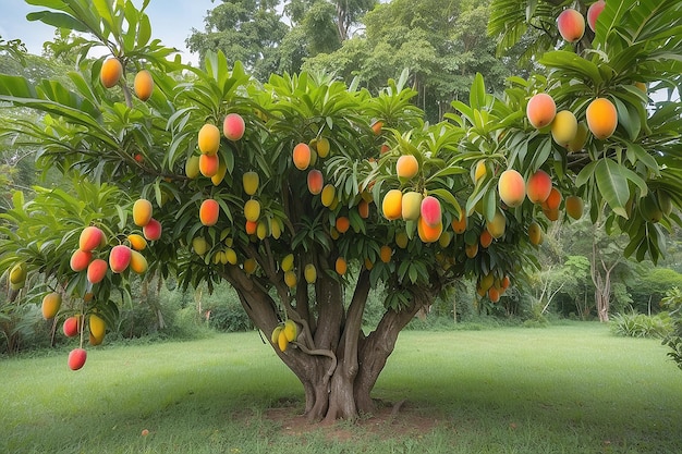 Mango tree with ripening fruits