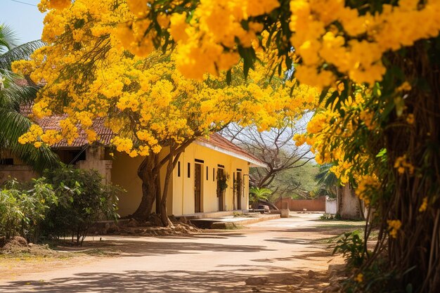 Mango trees in bloom with vibrant yellow flowers